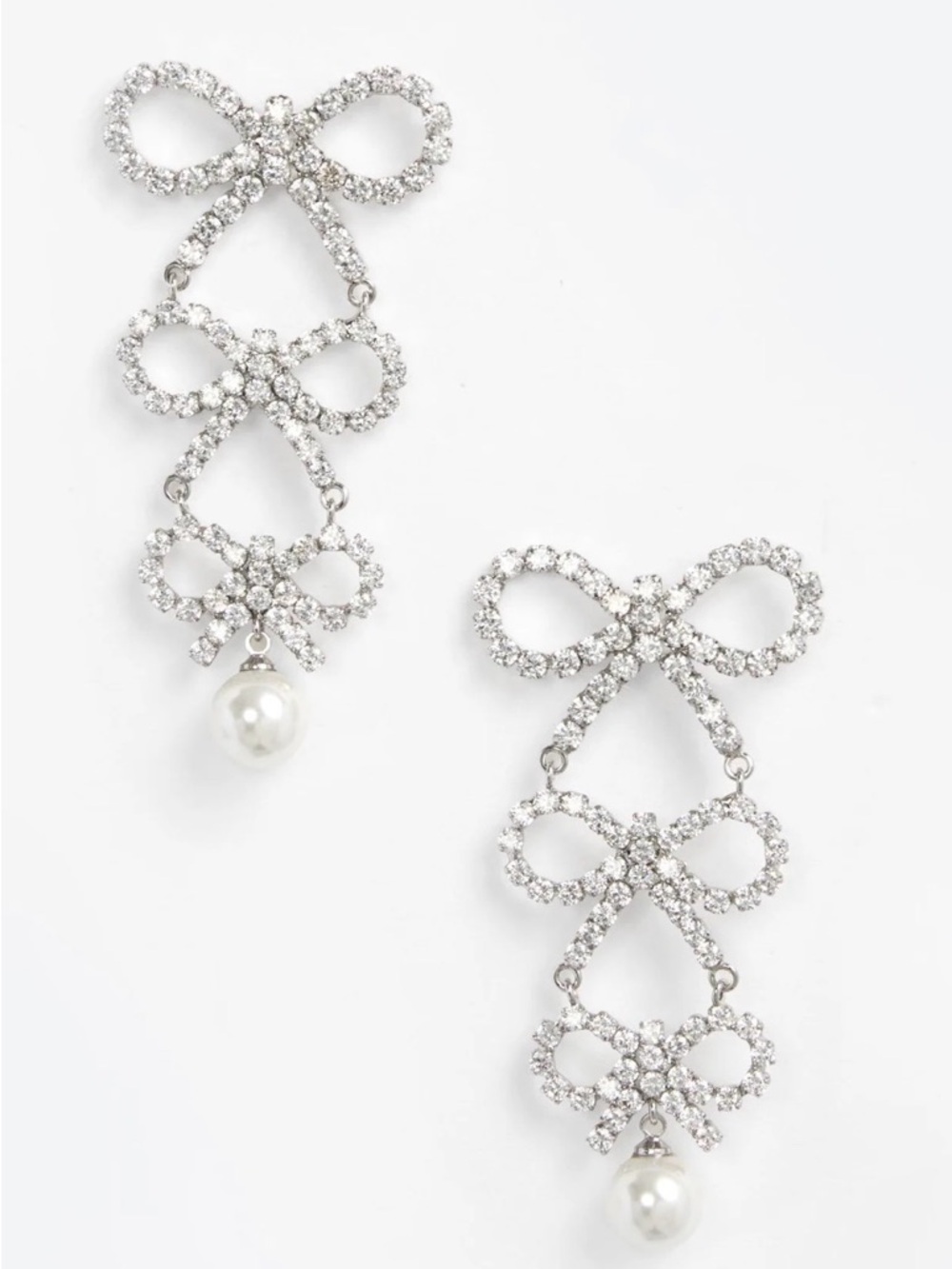 Self-Portrait Silver Crystal Bow Drop Earrings with Pearl